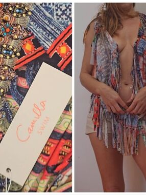 Nwt Camilla Studded Fringe Fringed Rhinestone Festival Jersey Scarf Pareo Top